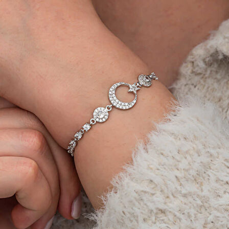 BlackCraft Gümüş Zirkon Taşlı Ay Yıldız Kadın Bileklik (BC-7FA4D4)