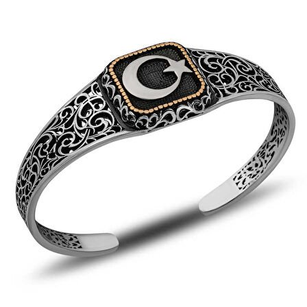 BlackCraft Gümüş Ay Yıldız Ayarlanabilir Kelepçe Erkek Bileklik (BC-CA98E7)