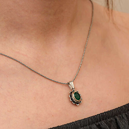 BlackCraft Gümüş Yeşil Çiçek Desenli Otantik Kadın Kolye (BC-6179F1)