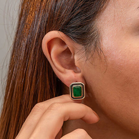 BlackCraft Gümüş Yeşil Taşlı Otantik Kadın Küpe (BC-CC8F6D)