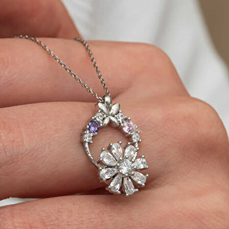 BlackCraft Gümüş Beyaz Dönen Çiçek Kadın Kolye (BC-606656)