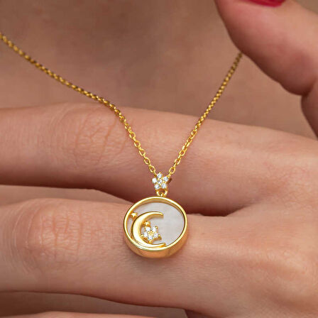 BlackCraft Gümüş Gold Sedef Taşlı Ay Yıldız Hilal Kadın Kolye (BC-7F11E9)