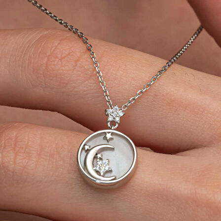 BlackCraft Gümüş Sedef Taşlı Ay Yıldız Hilal Kadın Kolye (BC-C26554)