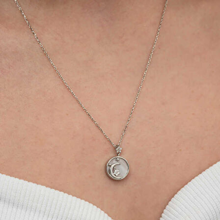 BlackCraft Gümüş Sedef Taşlı Ay Yıldız Hilal Kadın Kolye (BC-C26554)