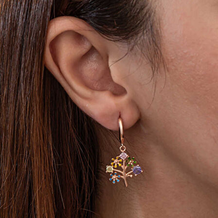 BlackCraft Gümüş Rose Renkli Taşlı Hayat Ağacı Kadın Küpe (BC-BD8D68)