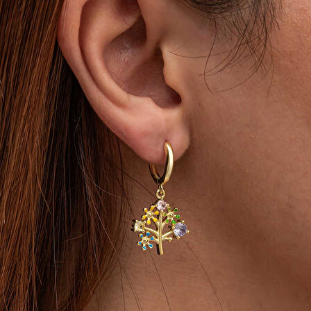 BlackCraft Gümüş Gold Renkli Taşlı Hayat Ağacı Kadın Küpe (BC-F7BBFB)