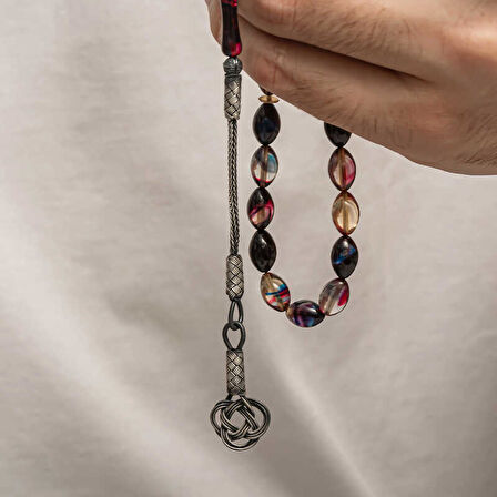 BlackCraft Gümüş Kazaz Püsküllü Sıkma Kehribar Tesbih (BC-E401FC)