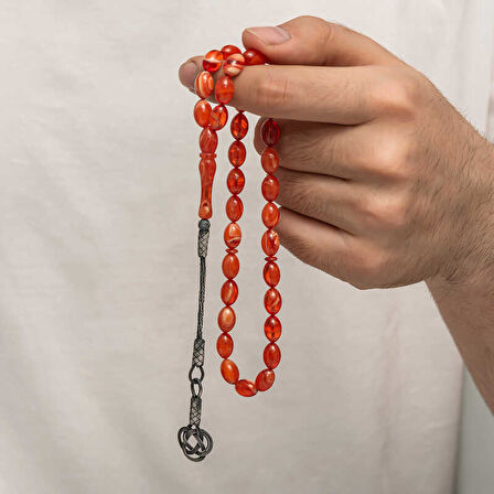 BlackCraft Gümüş Kazaz Püsküllü Sıkma Kehribar Tesbih (BC-E401FC)