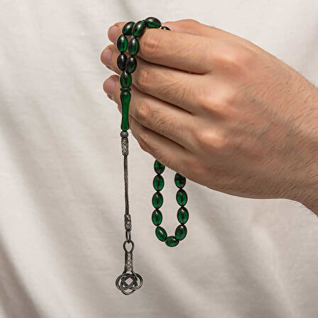 BlackCraft Gümüş Kazaz Püsküllü Sıkma Kehribar Tesbih (BC-E401FC)