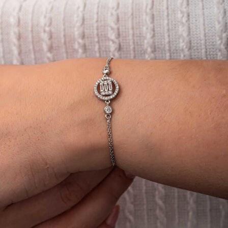 BlackCraft Gümüş Yuvarlak Baget Taşlı Kadın Bileklik (BC-035DBC)