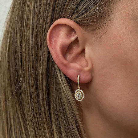 BlackCraft Gümüş Gold Oval Taşlı Sallantılı Küpe (BC-D7B302)