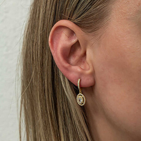 BlackCraft Gümüş Gold Oval Taşlı Sallantılı Küpe (BC-D7B302)