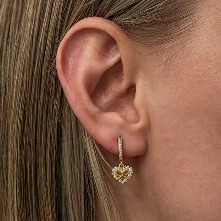 BlackCraft Gümüş Gold Kalp Kurdele Sallantılı Kadın Küpe (BC-CF6910)