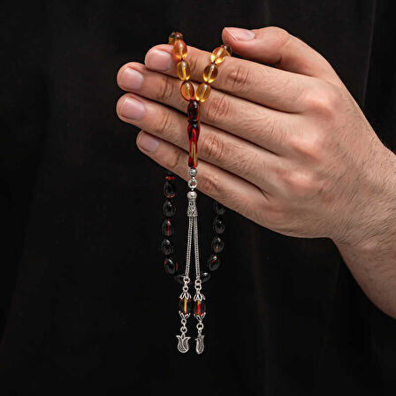 BlackCraft Gümüş Püskül Sıkma Kehribar Tesbih (BC-2EE3B4)