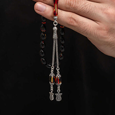 BlackCraft Gümüş Püskül Sıkma Kehribar Tesbih (BC-2EE3B4)