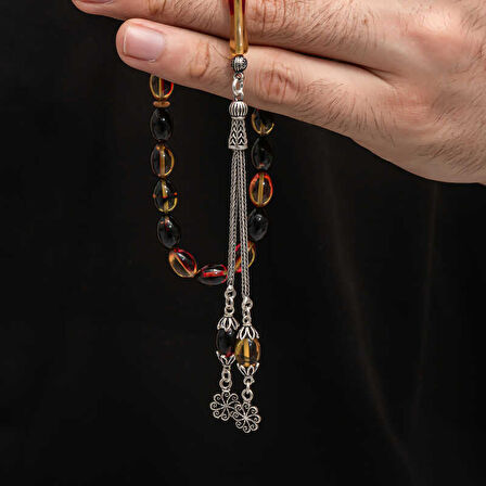 BlackCraft Gümüş Püskül Sıkma Kehribar Tesbih (BC-2EE3B4)