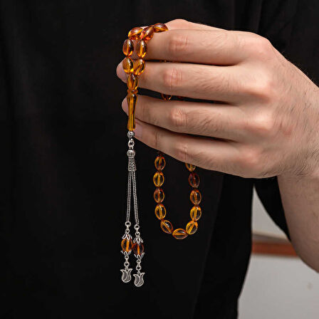 BlackCraft Gümüş Püskül Sıkma Kehribar Tesbih (BC-2EE3B4)