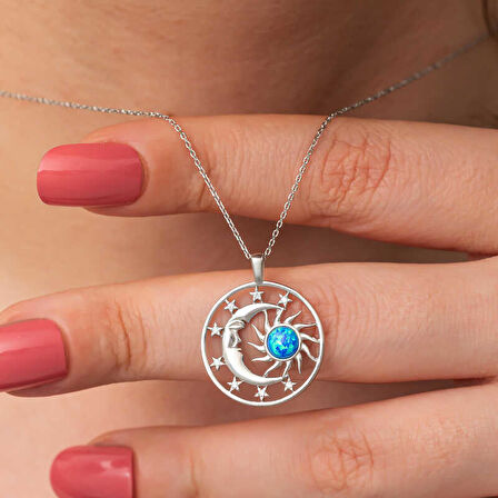 BlackCraft Gümüş Opal Mavi Taşlı Ay Güneş Kadın Kolye (BC-821F65)