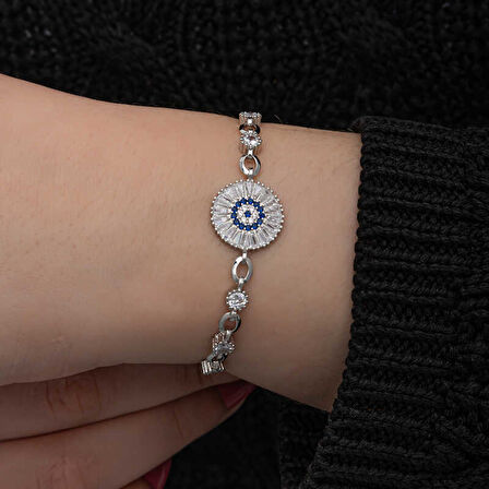 BlackCraft ​925 Ayar Gümüş Baget Taşlı Nazar Kadın Bileklik (BC-C3AE76)