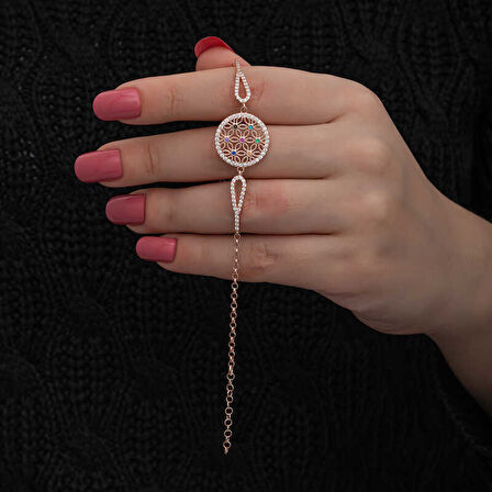 BlackCraft ​Gümüş Rose Renkli Yaşam Çiçeği Kadın Bileklik (BC-1293ED)
