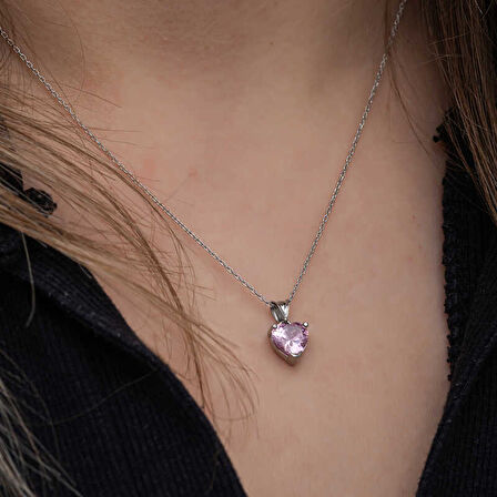 BlackCraft Gümüş Pembe Taşlı Kalpli Kadın Kolye (BC-A2B48B)