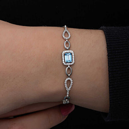 BlackCraft 925 Ayar Gümüş Baget Turkuaz Taşlı Kadın Bileklik (BC-82A366)