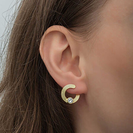 BlackCraft Gümüş Gold Tektaş Halka Kadın Çivili Küpe (BC-5B46EB)