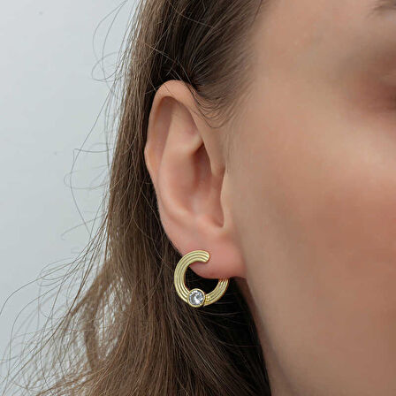 BlackCraft Gümüş Gold Tektaş Halka Kadın Çivili Küpe (BC-5B46EB)