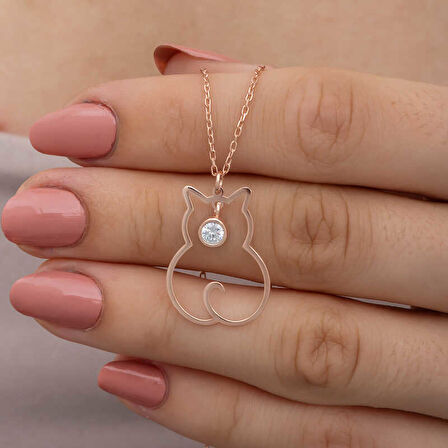 BlackCraft 925 Ayar Gümüş Nisan Ayı Doğum Taşı Kedi Kadın Kolye (BC-7B65FA)