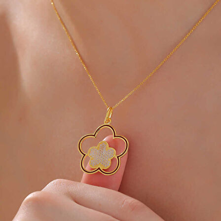 BlackCraft ​925 Ayar Gümüş Gold Çiçek Desenli Kadın Kolye (BC-83A0EA)