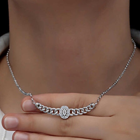 BlackCraft Gümüş Gurmet Zincirli Oval Baget Taşlı Kadın Kolye (BC-23AB50)