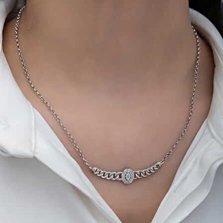 BlackCraft Gümüş Gurmet Zincirli Oval Baget Taşlı Kadın Kolye (BC-23AB50)