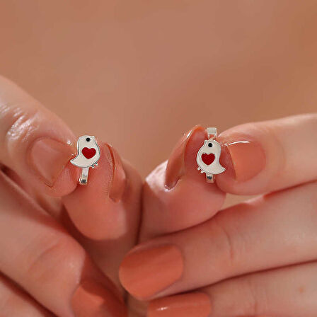 BlackCraft Gümüş Kalpli Kuş Çocuk Küpesi (BC-BC5A95)