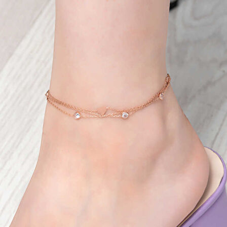 BlackCraft Gümüş Rose Çift Zincirli Kalp Zirkon Taşlı Halhal (BC-A42A5D)