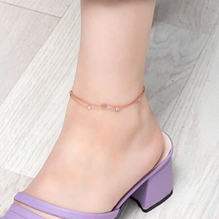 BlackCraft Gümüş Rose Çift Zincirli Kalp Zirkon Taşlı Halhal (BC-A42A5D)