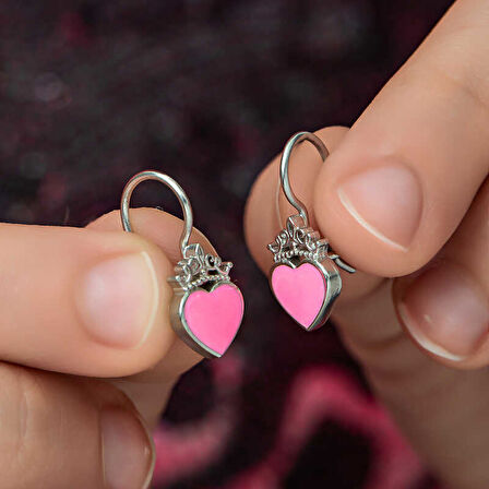 BlackCraft Gümüş Pembe Kalp Sallantılı Çocuk Küpe (BC-001814)