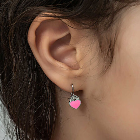 BlackCraft Gümüş Pembe Kalp Sallantılı Çocuk Küpe (BC-001814)