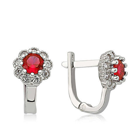 BlackCraft Gümüş Kırmızı Çiçek Desenli Yuvarlak J Kadın Küpe (BC-C2B1DE)