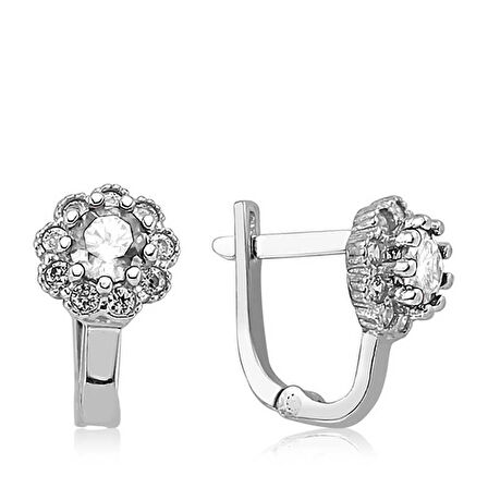 BlackCraft Gümüş Beyaz Çiçek Desenli Yuvarlak J Kadın Küpe (BC-3C4005)