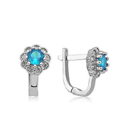 BlackCraft Gümüş Turkuaz Çiçek Desenli Yuvarlak J Kadın Küpe (BC-7970CC)