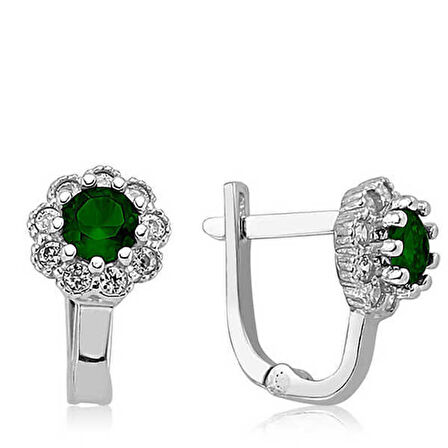 BlackCraft Gümüş Yeşil Çiçek Desenli Yuvarlak J Kadın Küpe (BC-2D7D60)