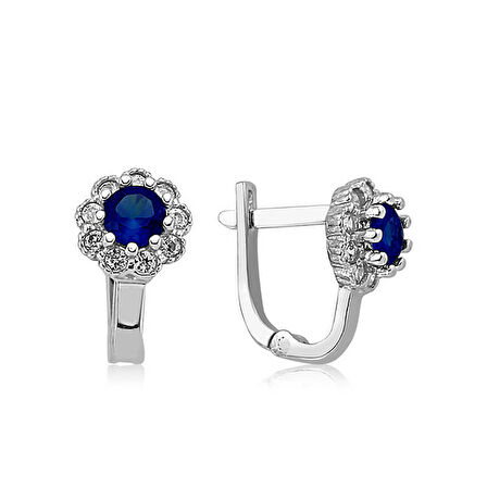 BlackCraft Gümüş Mavi Çiçek Desenli Yuvarlak J Kadın Küpe (BC-74ECFC)