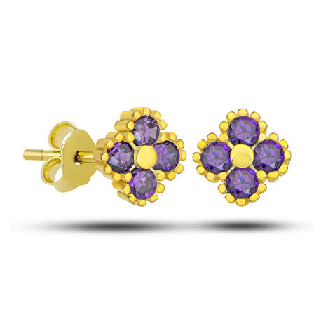 BlackCraft Gümüş Gold Yonca Çivili Mor Taşlı Çocuk Küpe (BC-205B12)