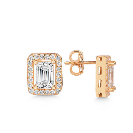 BlackCraft Gümüş Rose Beyaz Baget Taşlı Çivili Kadın Küpe (BC-967A51)