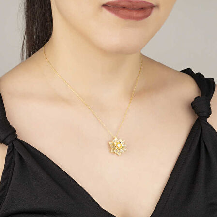 BlackCraft 925 Ayar Gümüş Gold Beyaz Taşlı Lotus Çiçeği Kadın Kolye (BC-43C551)