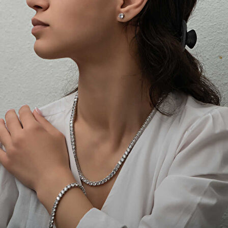 BlackCraft Gümüş 4 mm Beyaz Taşlı Su Yolu Kadın Set (BC-473B13)