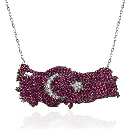 BlackCraft 925 Ayar Gümüş Ay Yıldız Türkiye Haritası Kadın Kolye (BC-83A5B1)