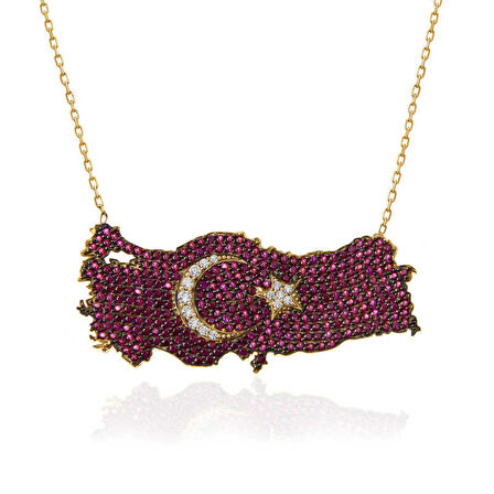 BlackCraft 925 Ayar Gümüş Gold Ay Yıldız Türkiye Haritası Kadın Kolye (BC-F3AFEB)