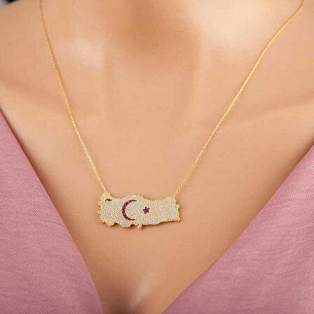 BlackCraft 925 Ayar Gümüş Gold Ay Yıldız Türkiye Haritası Kadın Kolye (BC-F3AFEB)