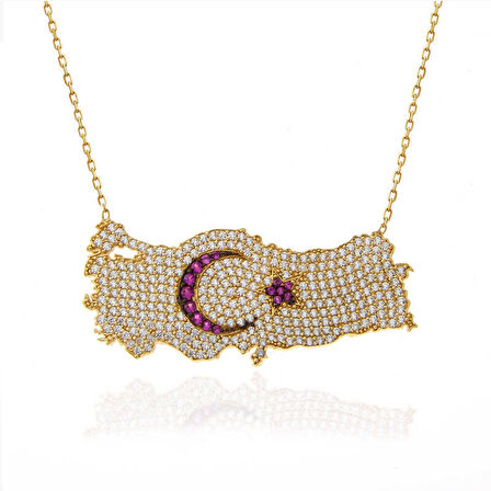 BlackCraft 925 Ayar Gümüş Gold Ay Yıldız Türkiye Haritası Kadın Kolye (BC-F3AFEB)